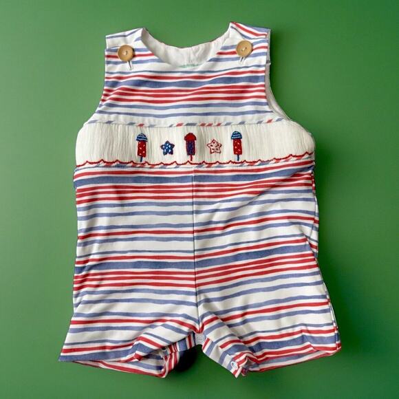 The Smocked Flamingo Size 9 Months Red White Blue Stripes Fireworks Embroidery - Picture 1 of 8